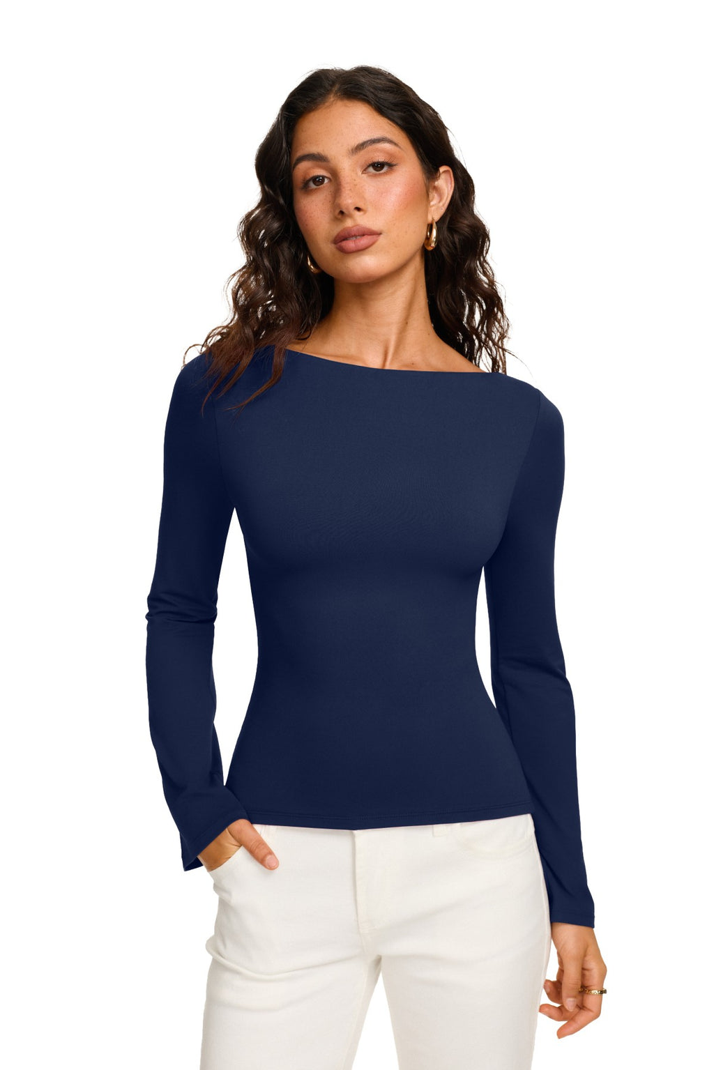 Double Lined Boat Neck Bell Sleeve Crop Top