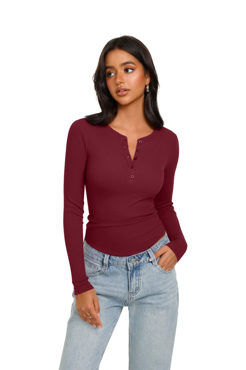 Long Sleeve Henley Shirt Button Ribbed Knit Top