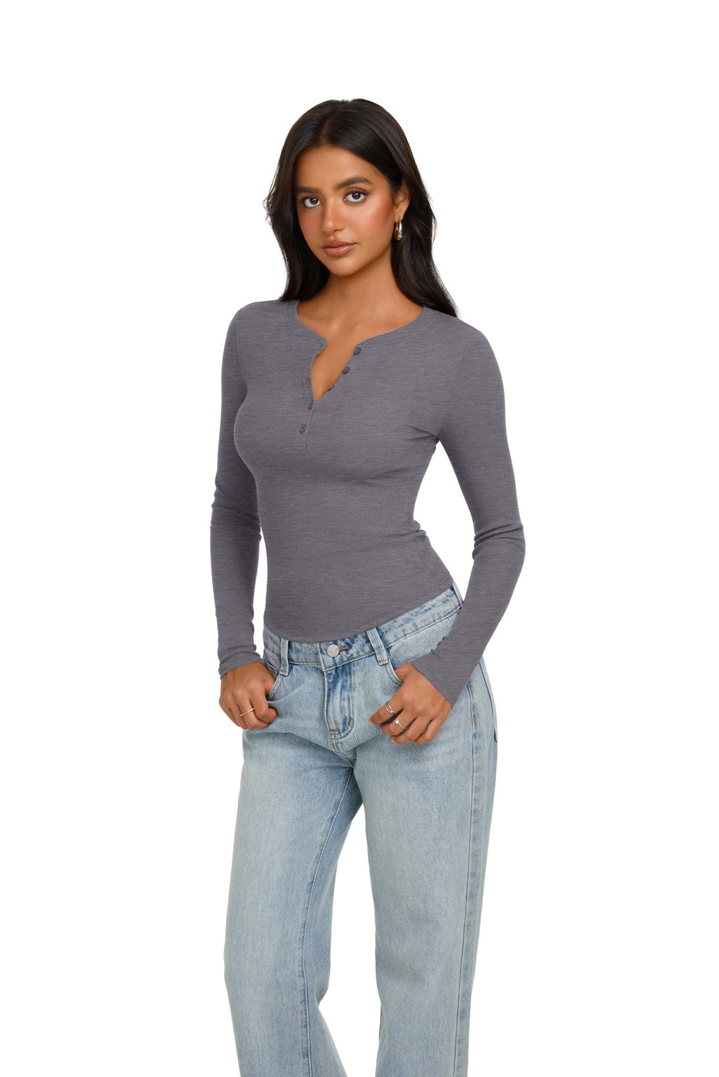 Long Sleeve Henley Shirt Button Ribbed Knit Top