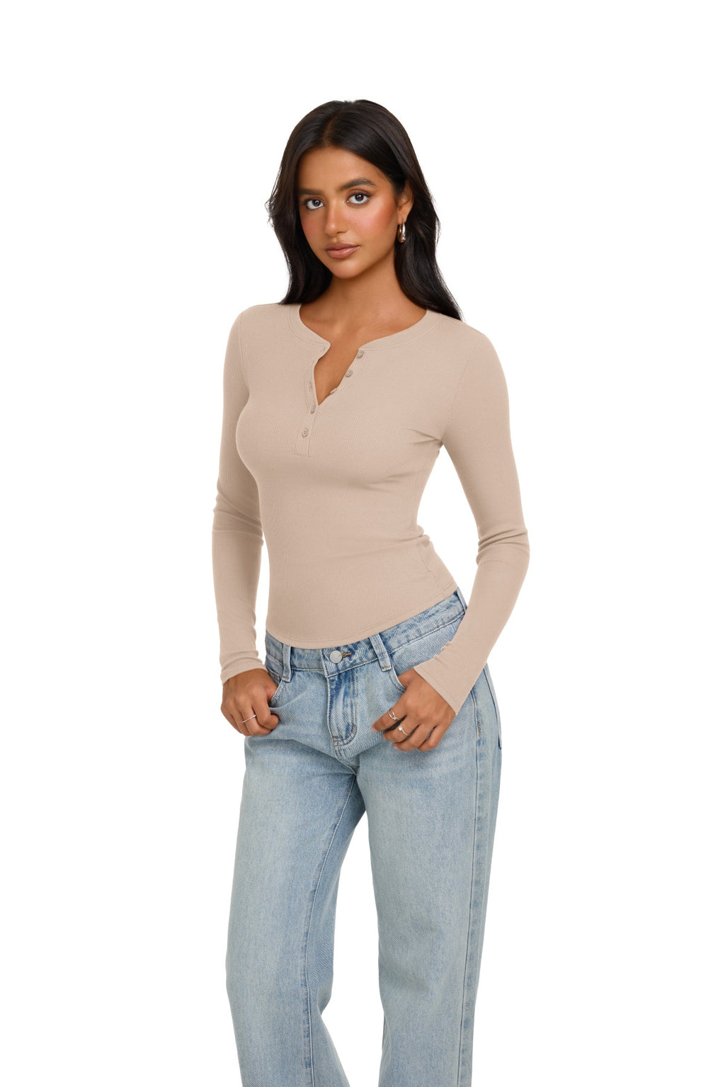 Long Sleeve Henley Shirt Button Ribbed Knit Top