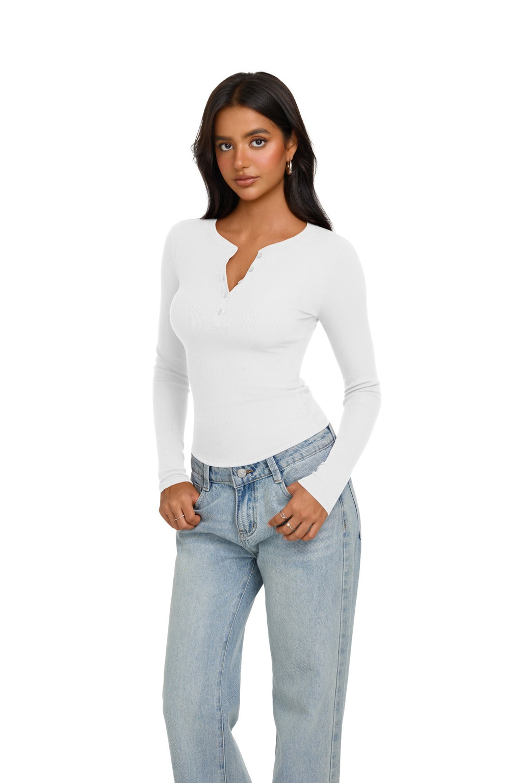 Long Sleeve Henley Shirt Button Ribbed Knit Top