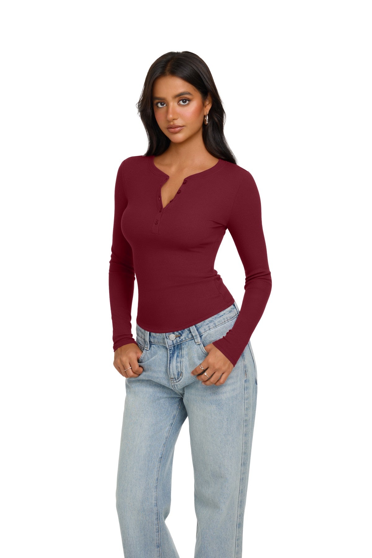 Long Sleeve Henley Shirt Button Ribbed Knit Top