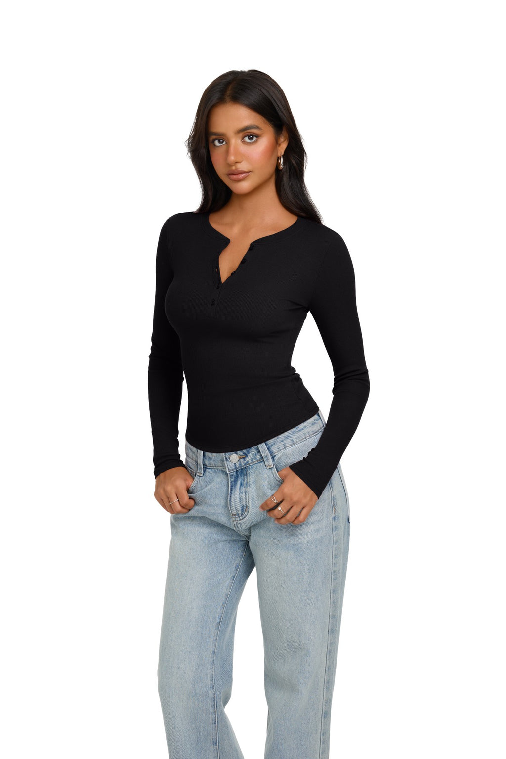 Long Sleeve Henley Shirt Button Ribbed Knit Top