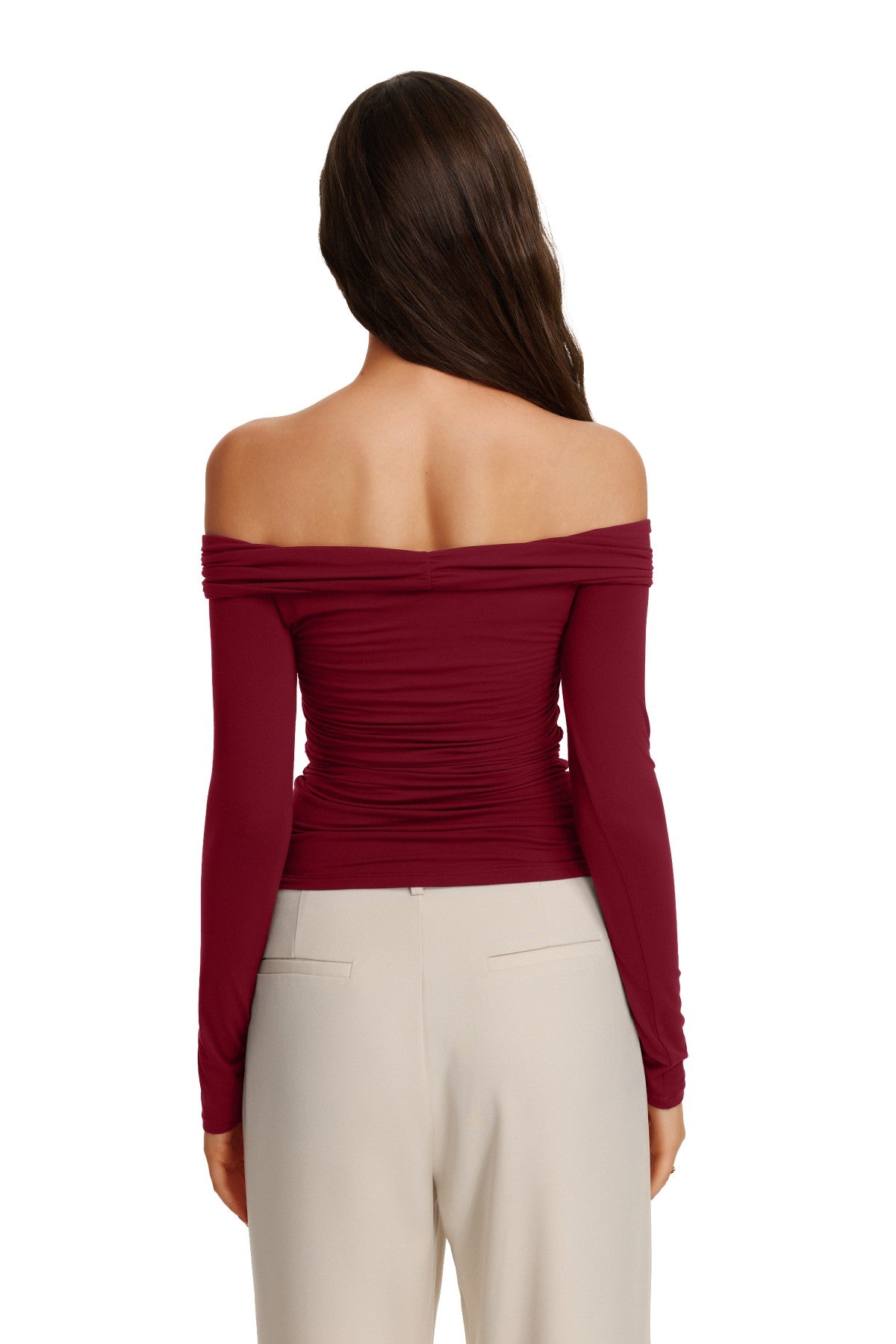Off Shoulder Long Sleeve Cutout Ring Ruched Slim Fit Top