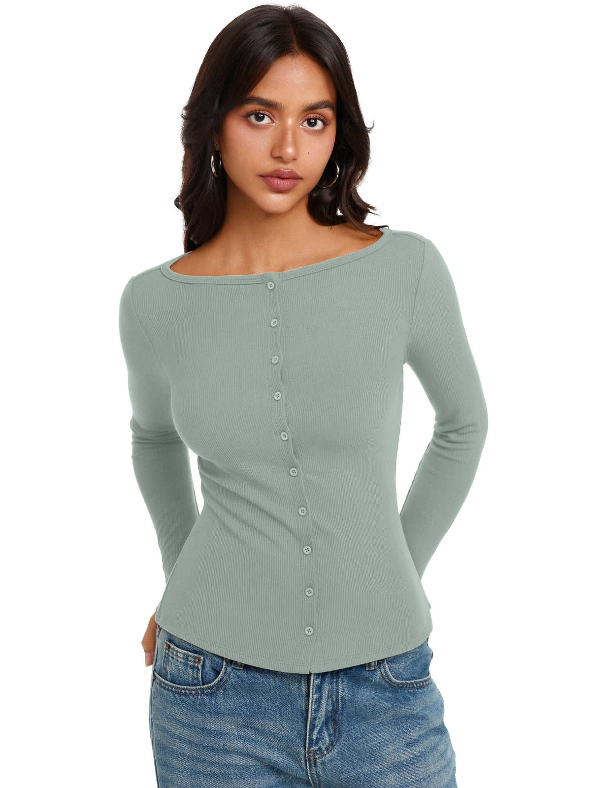 Long Sleeve Boat Neck Button Down Cardigan Top