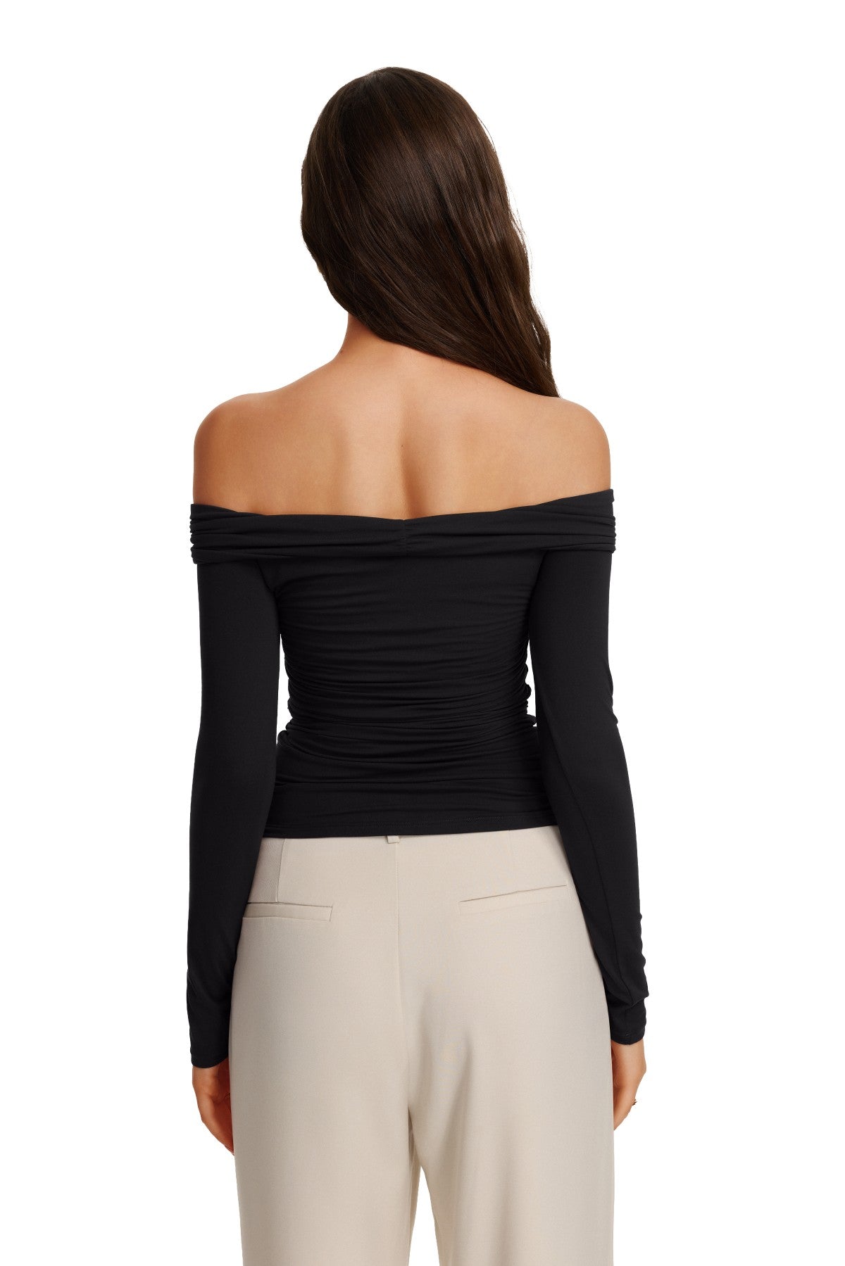 Off Shoulder Long Sleeve Cutout Ring Ruched Slim Fit Top