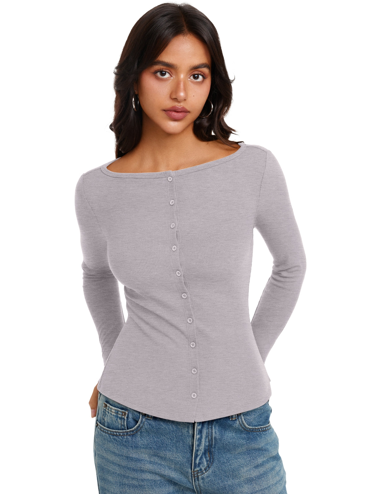 Long Sleeve Boat Neck Button Down Cardigan Top