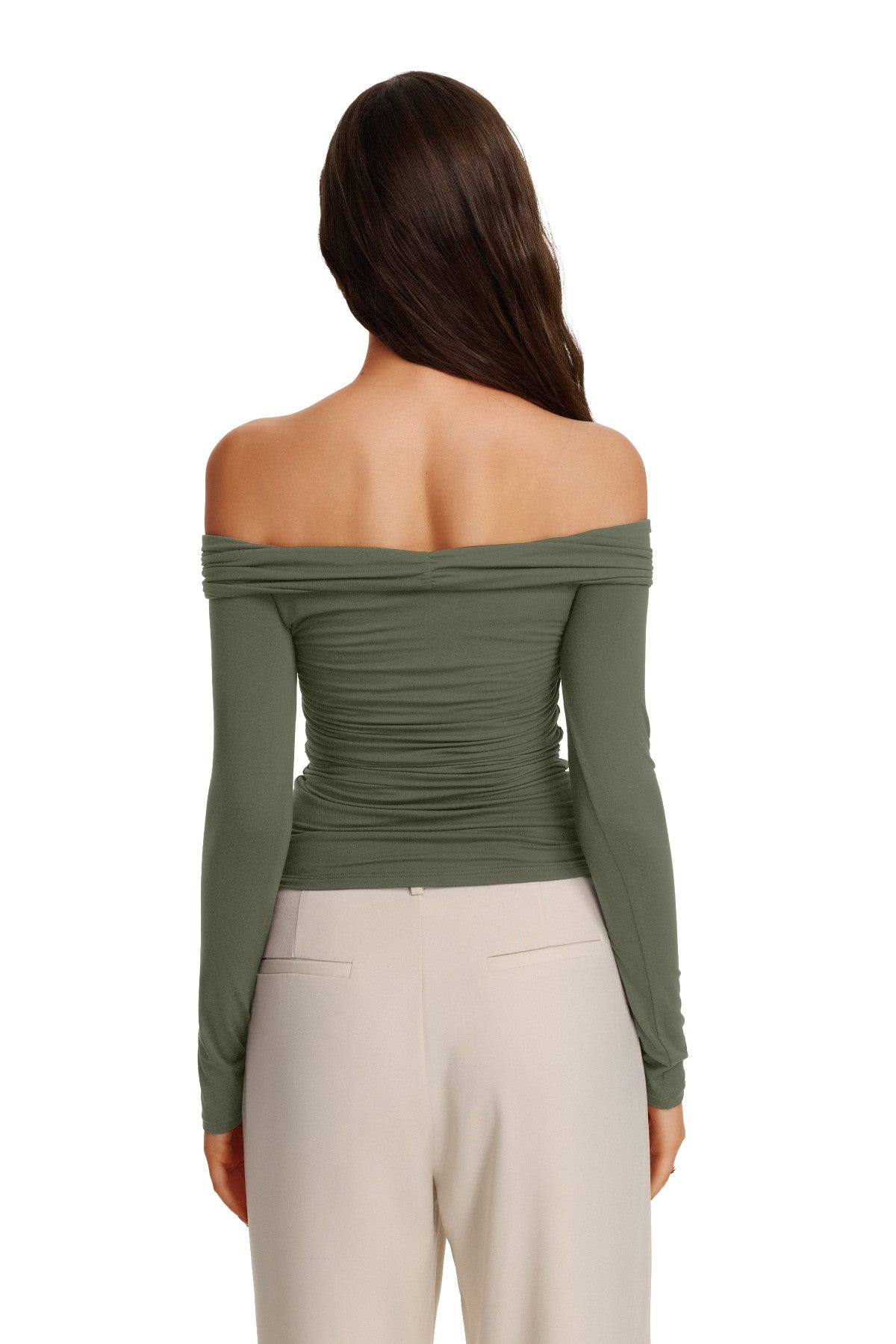 Off Shoulder Long Sleeve Cutout Ring Ruched Slim Fit Top