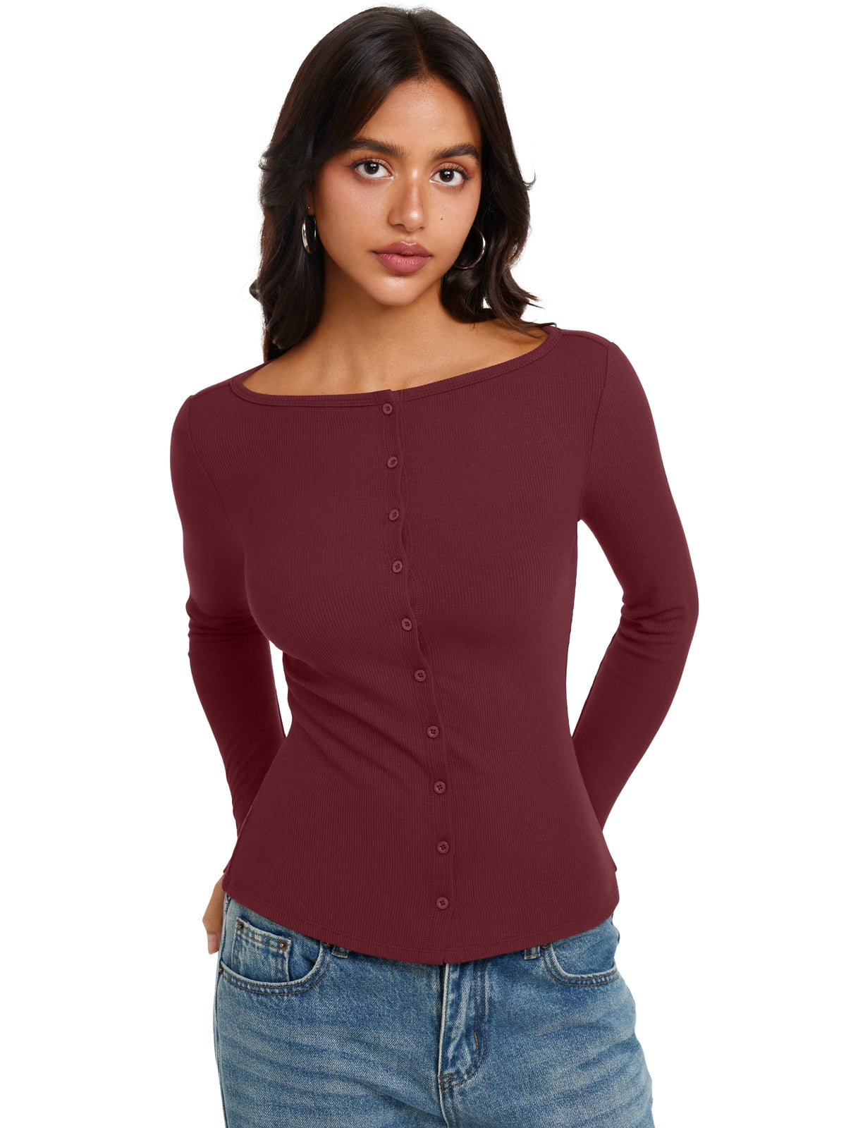 Long Sleeve Boat Neck Button Down Cardigan Top