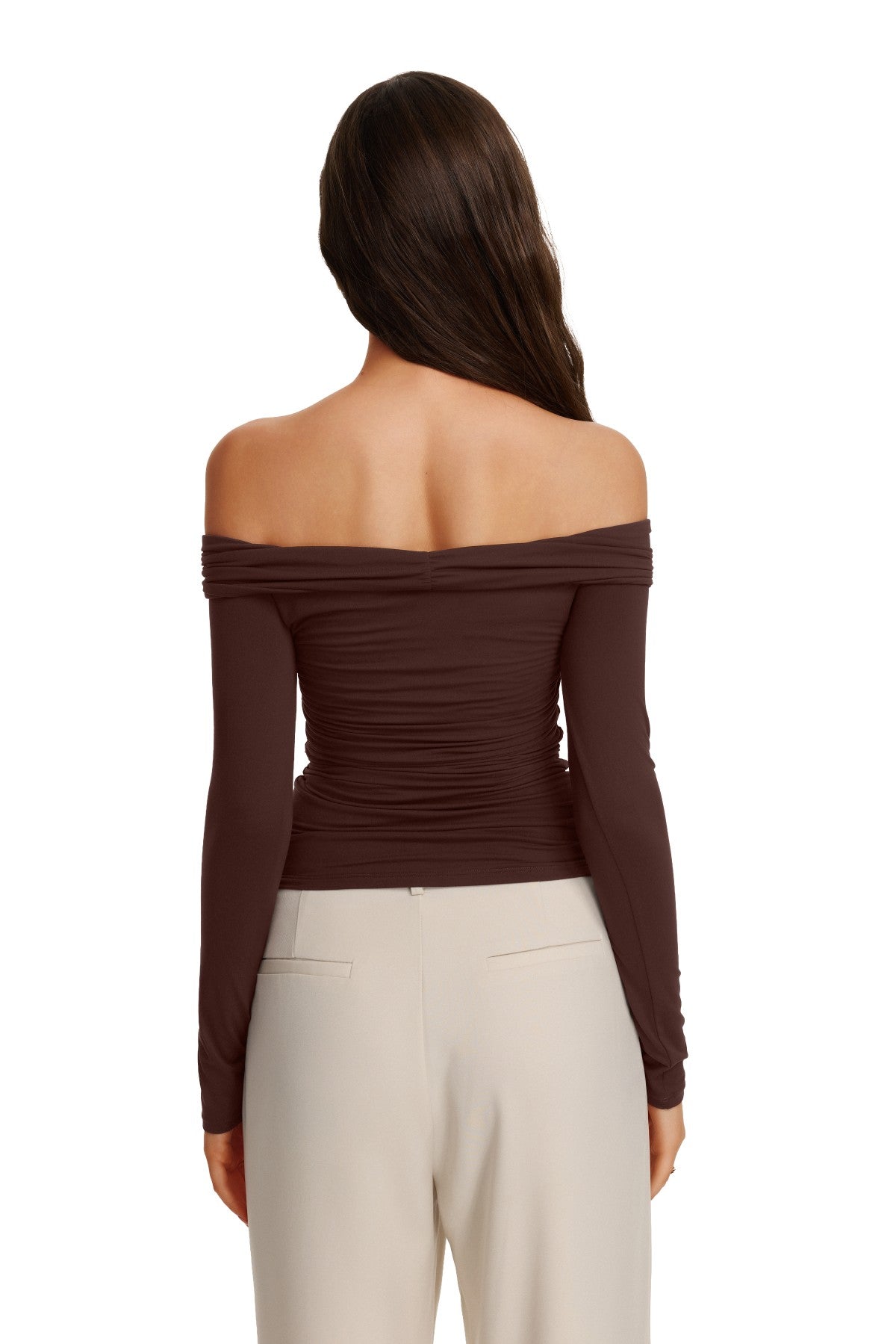 Off Shoulder Long Sleeve Cutout Ring Ruched Slim Fit Top