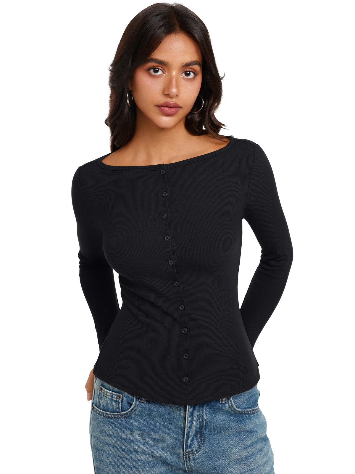 Long Sleeve Boat Neck Button Down Cardigan Top