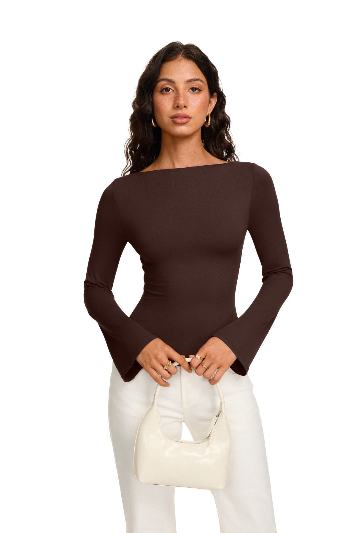 Double Lined Boat Neck Bell Sleeve Crop Top
