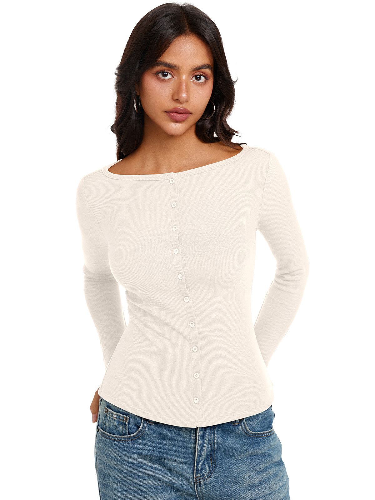 Long Sleeve Boat Neck Button Down Cardigan Top