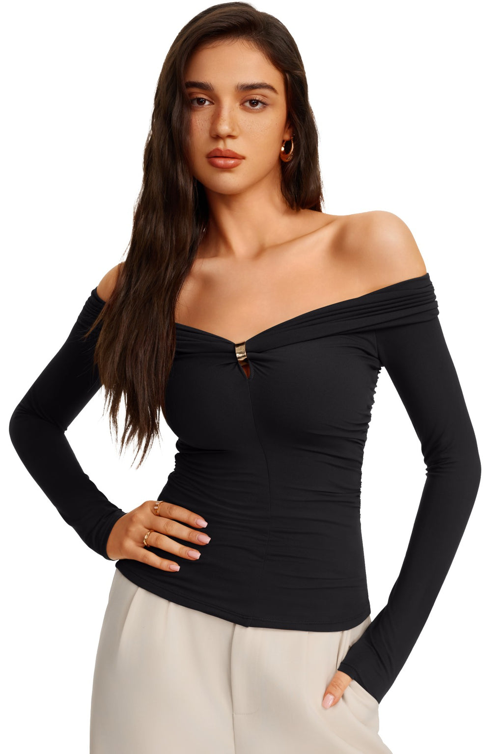 Off Shoulder Long Sleeve Cutout Ring Ruched Slim Fit Top