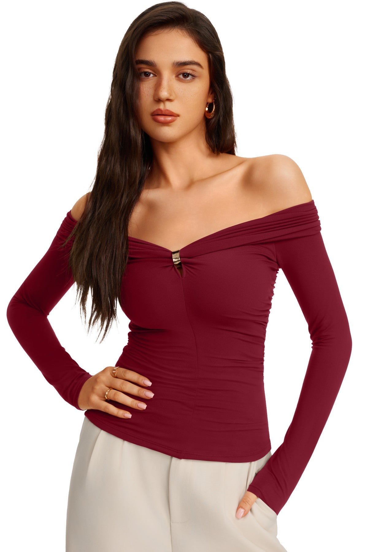 Off Shoulder Long Sleeve Cutout Ring Ruched Slim Fit Top