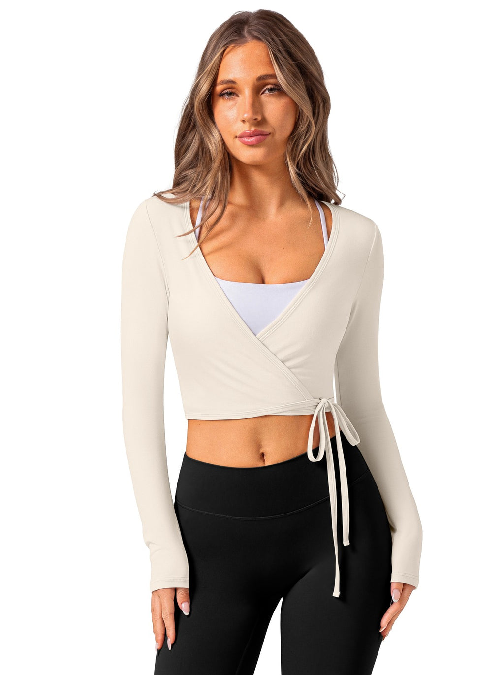 V Neck Long Sleeve Wrap Top with Adjustable Tie