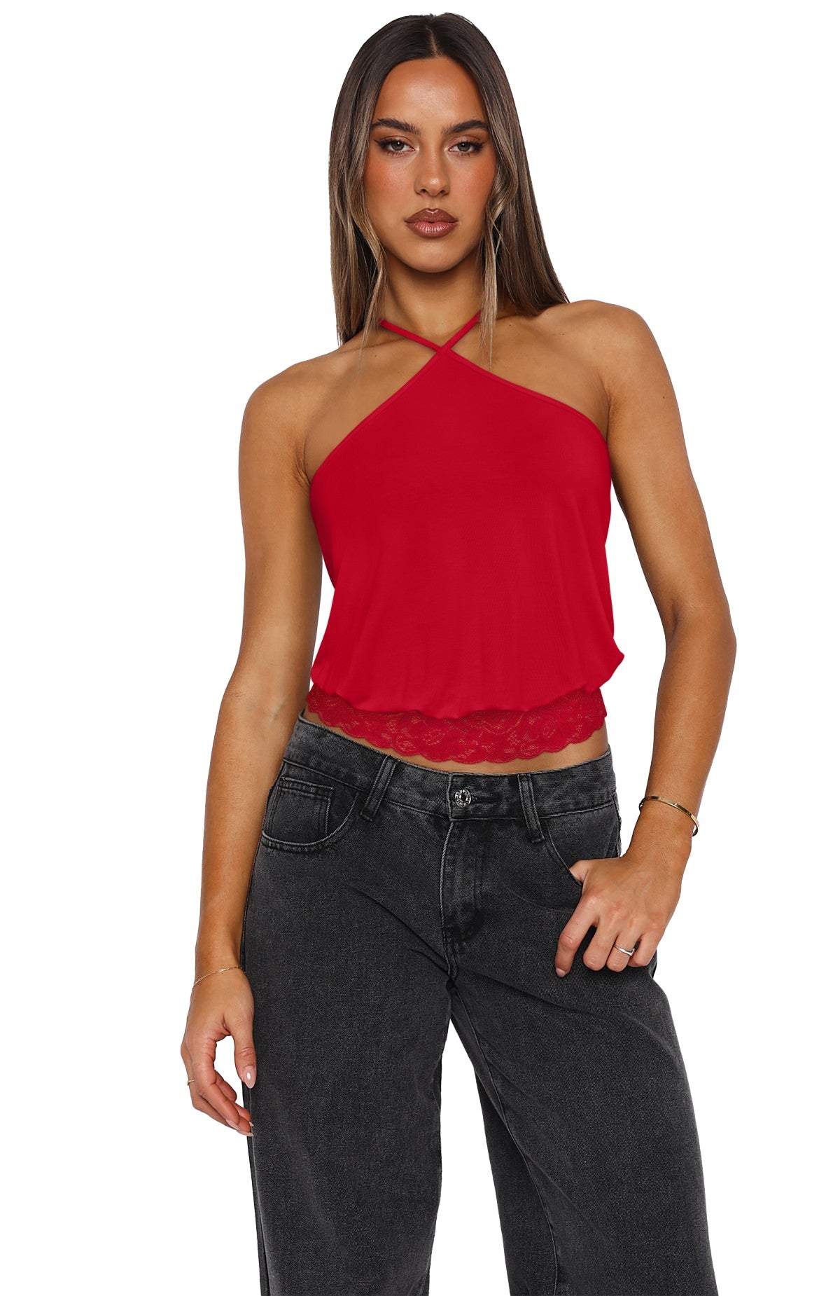 REORIA Backless Halter Lace Trim Crop Tank Top