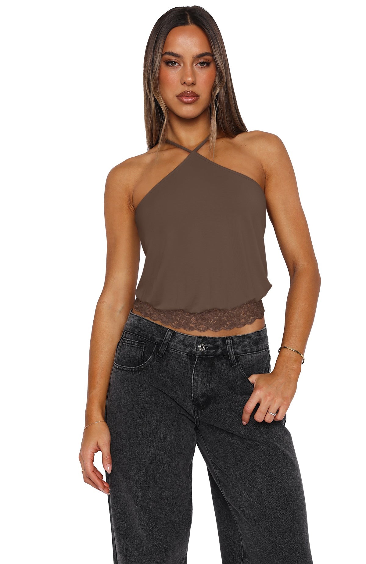 REORIA Backless Halter Lace Trim Crop Tank Top