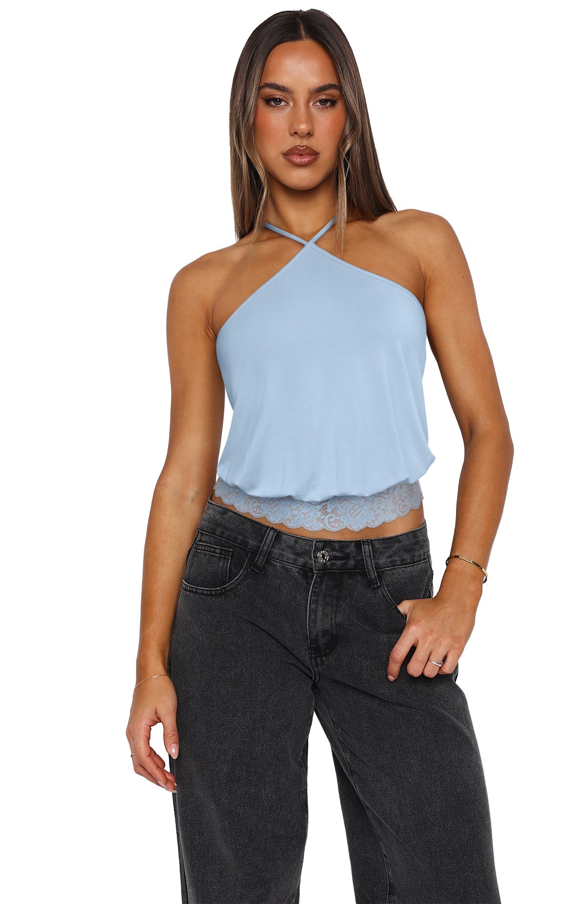 REORIA Backless Halter Lace Trim Crop Tank Top