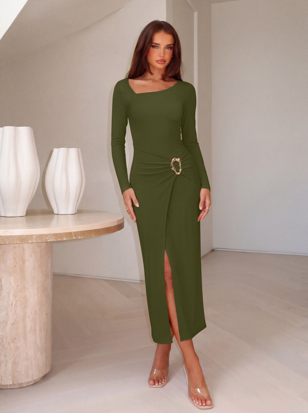 Asymmetrical Square Neck Cocktail Ruched Wrap Midi Dress