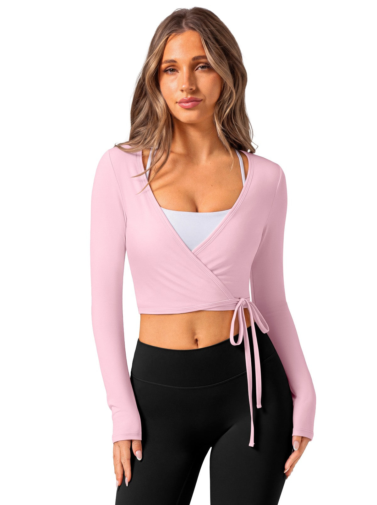 V Neck Long Sleeve Wrap Top with Adjustable Tie