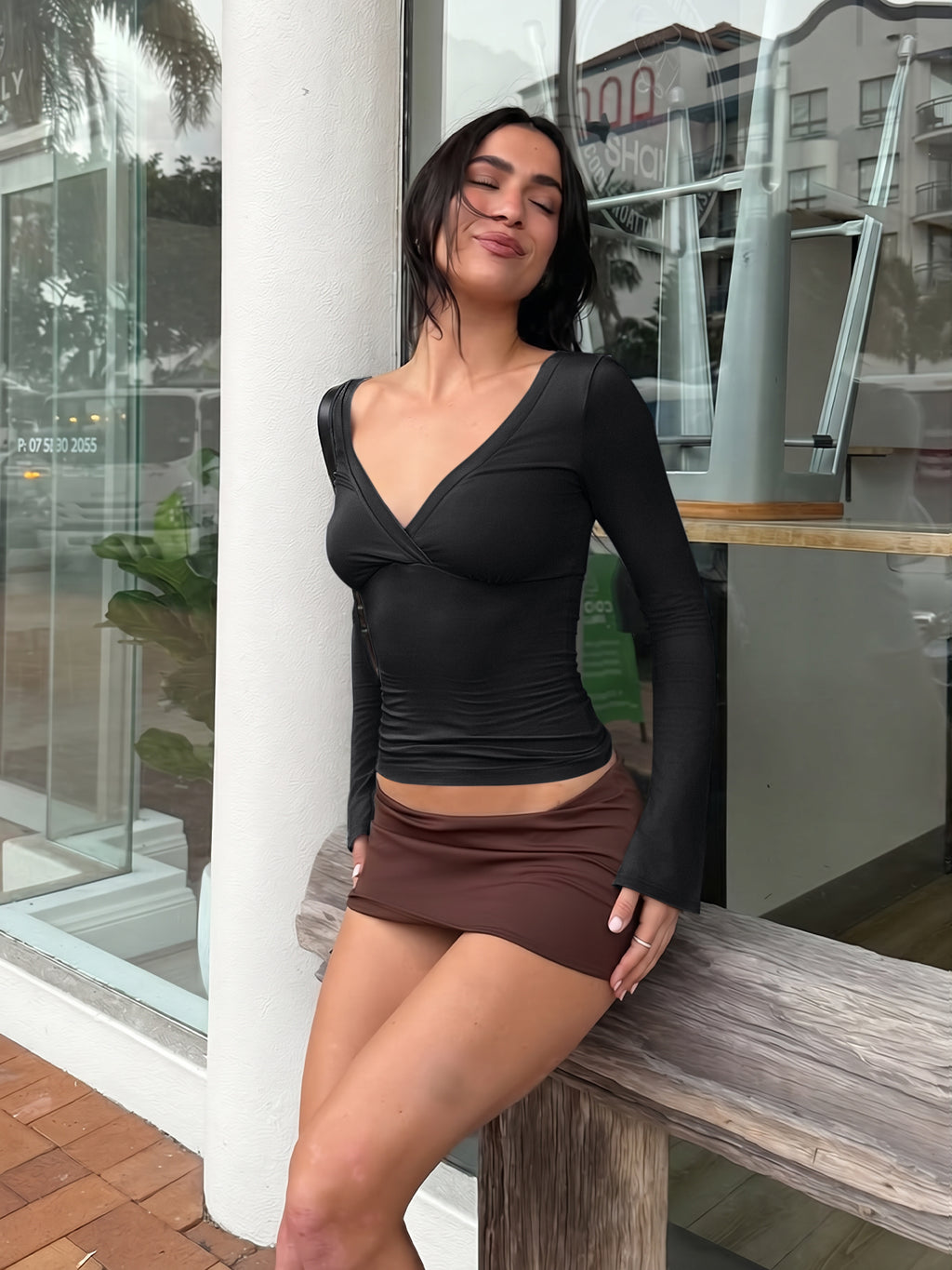 Wrap Deep V Neck Long Bell Sleeve Tops