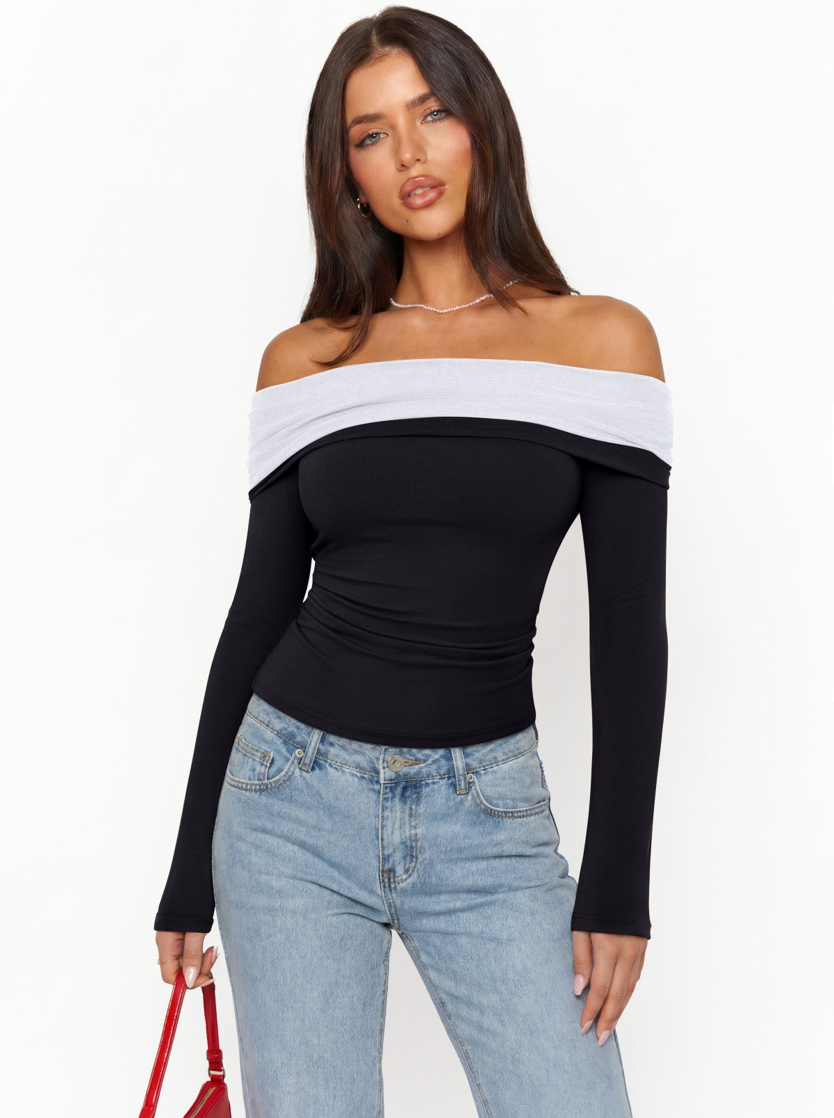 Off Shoulder Long Sleeve Mesh Slim Fit Double Lined Top