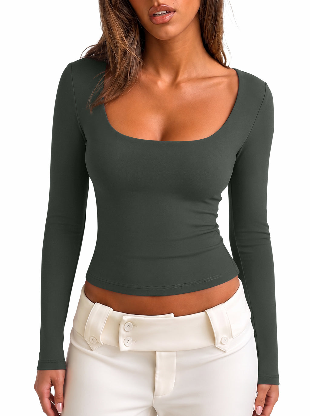 Women's Square Neck Double Lined Long Sleeve Slim Fit Top
