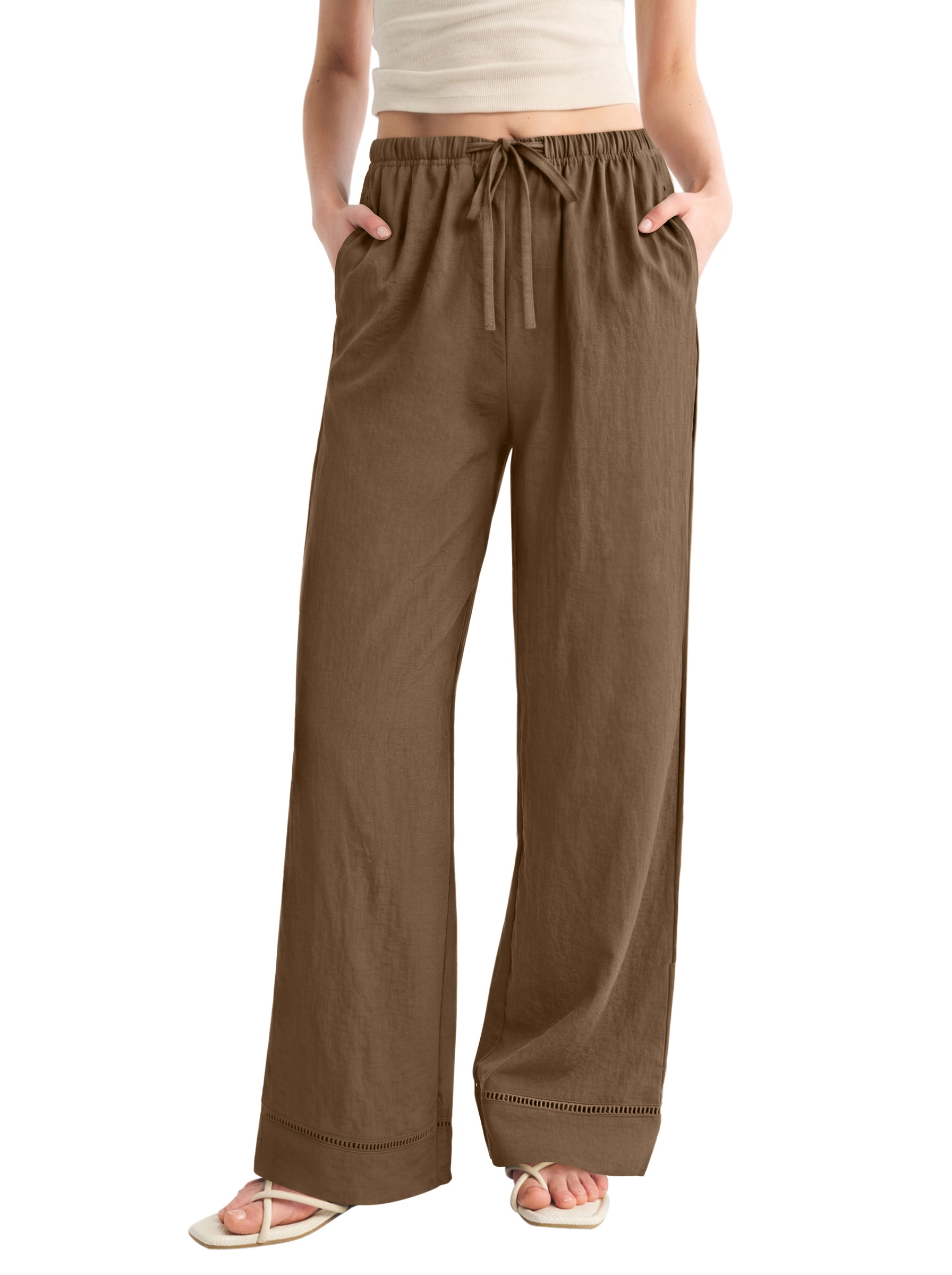 REORIA Women's Wide Leg Palazzo Pants | Drawstring Elastic Waist with Pockets
