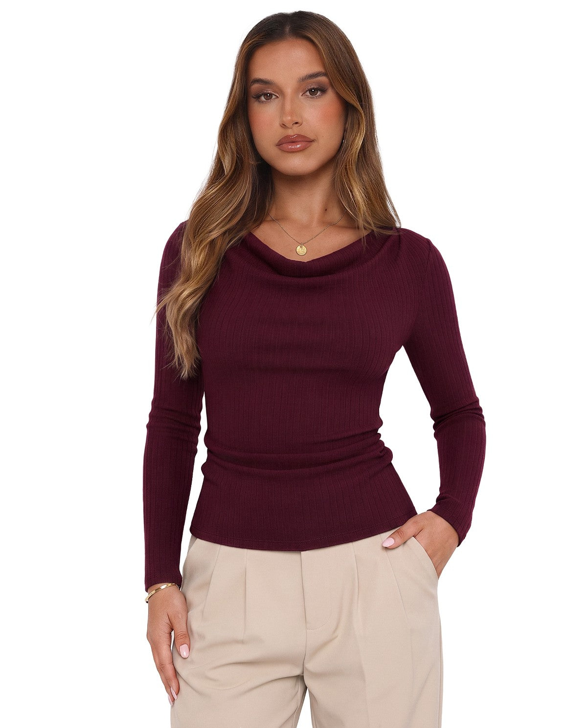 Cowl Neck Long Sleeve Slim Fit Casual Top