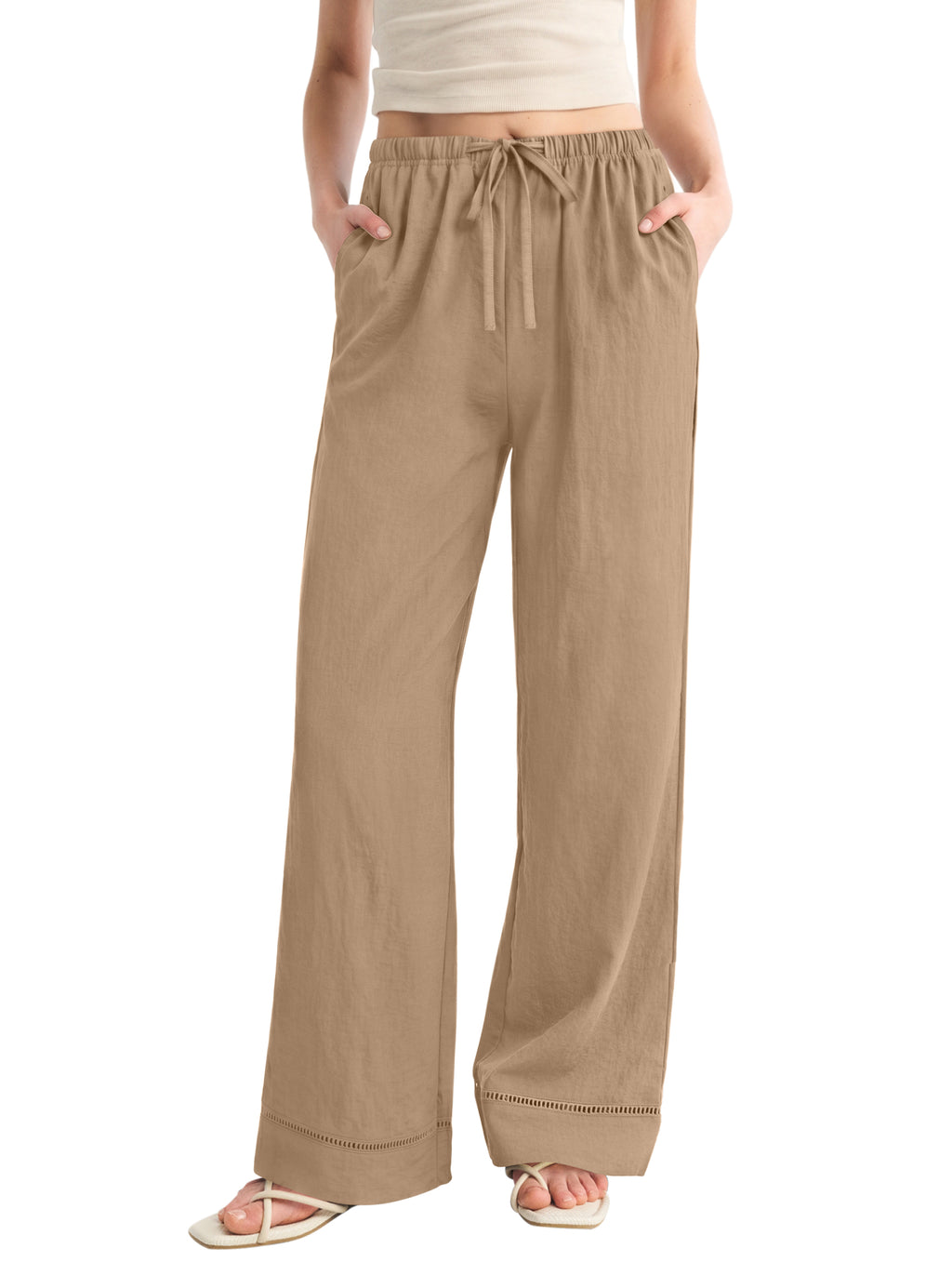 REORIA Women's Wide Leg Palazzo Pants | Drawstring Elastic Waist with Pockets