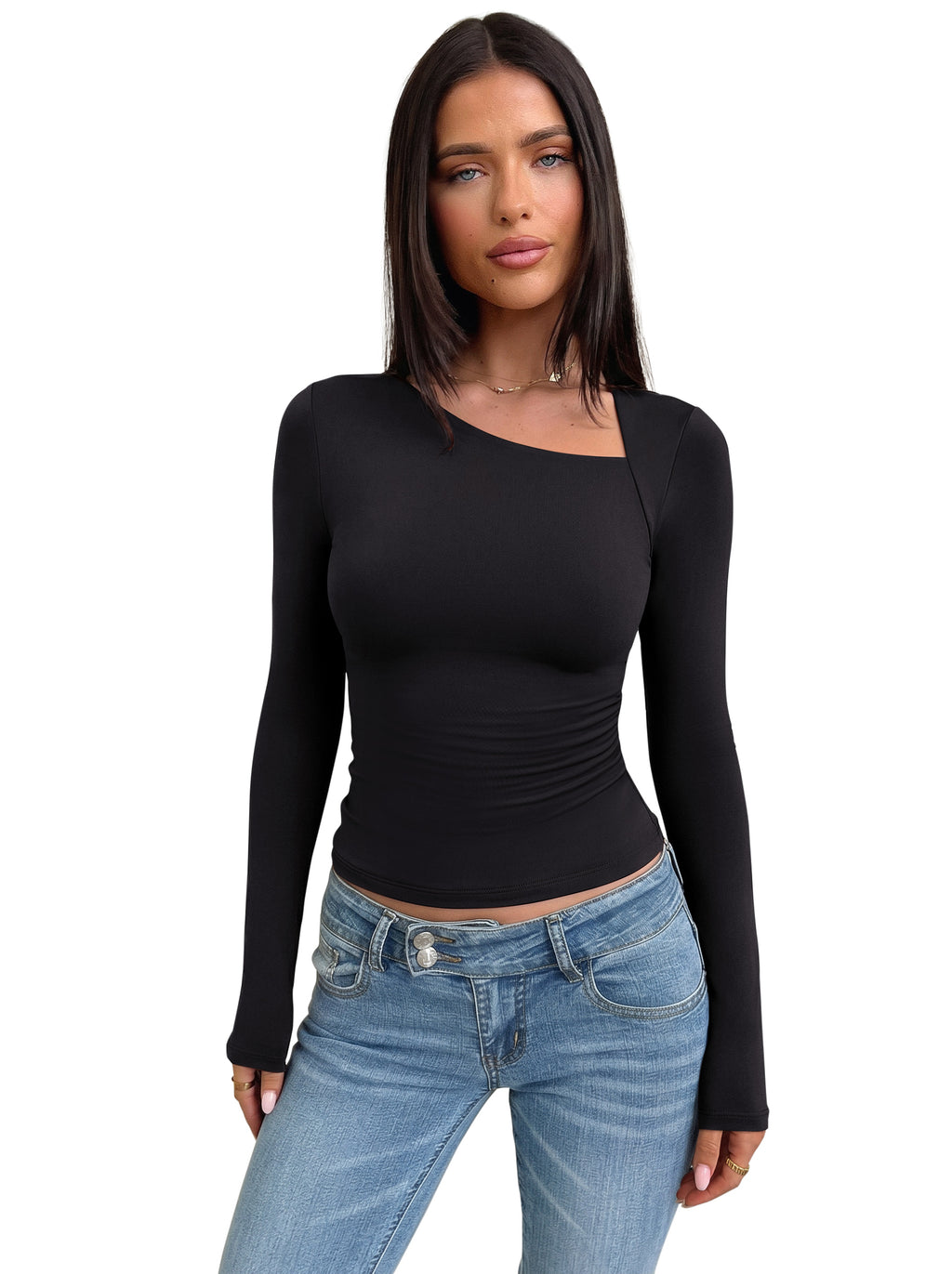 Asymmetrical Neck Long Sleeve Ruched Top