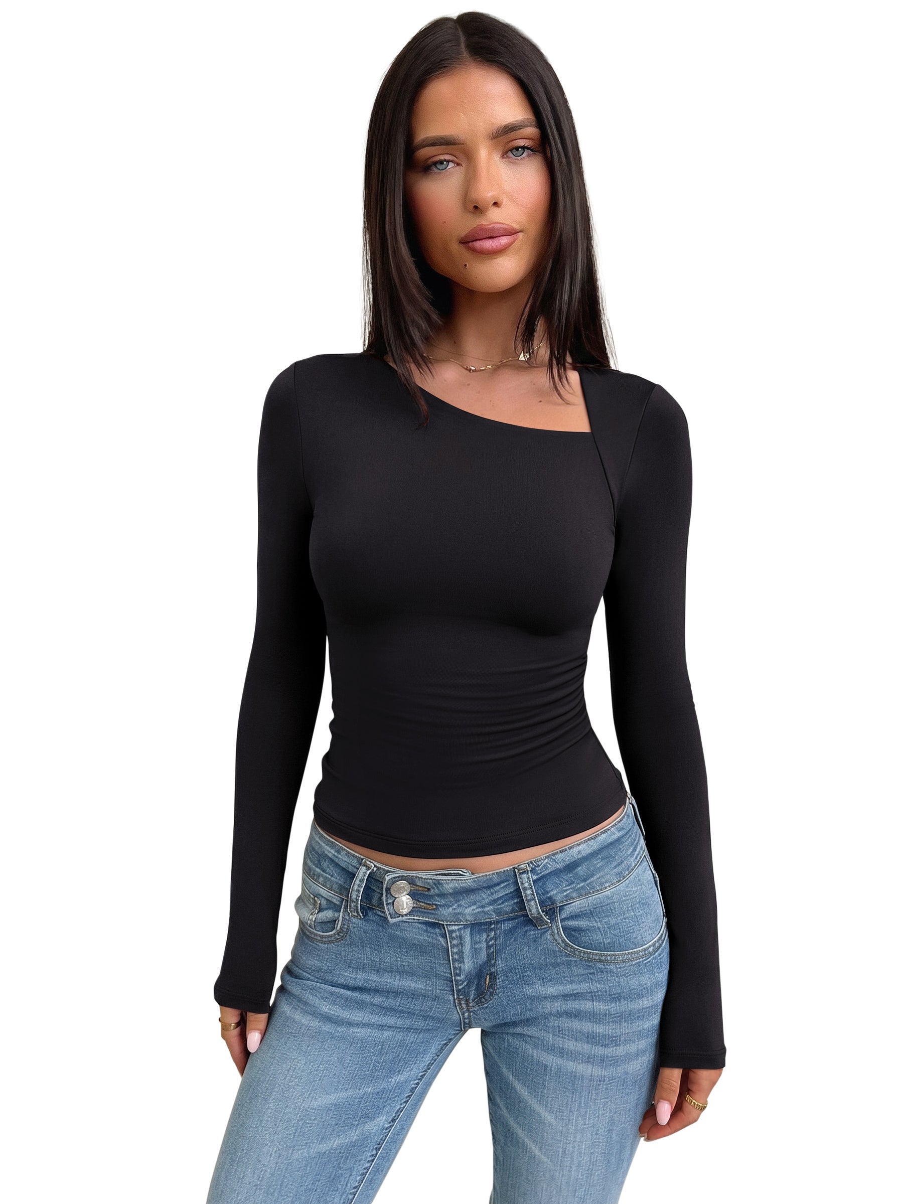 Asymmetrical Neck Long Sleeve Ruched Top
