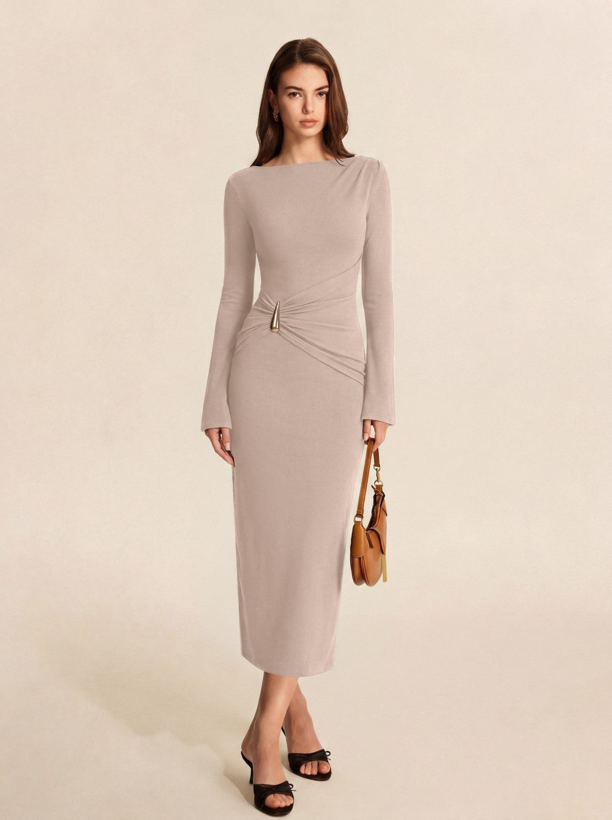 Boat Neck Slim Fit Ruched Bodycon Long Dress