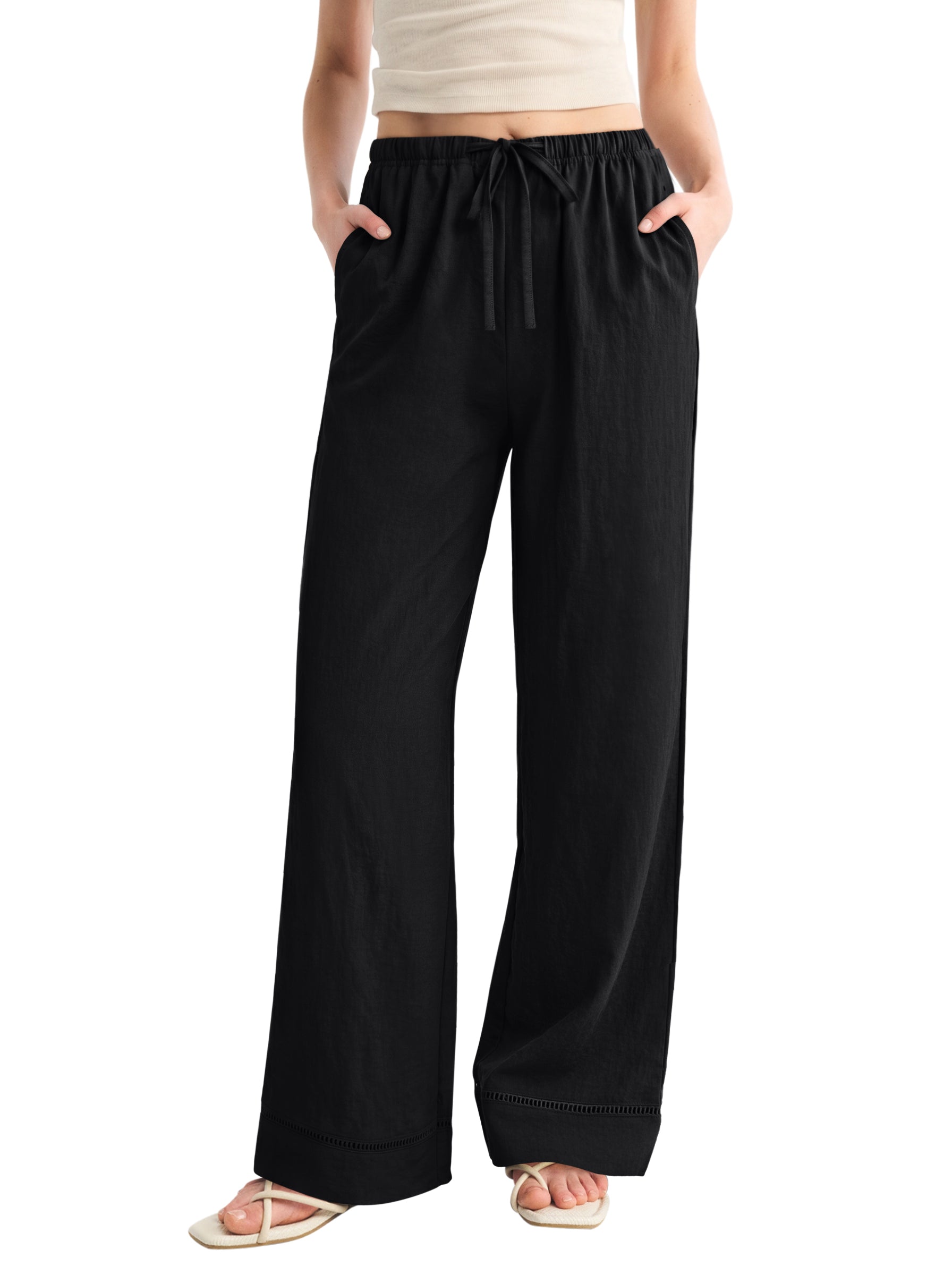 REORIA Women's Wide Leg Palazzo Pants | Drawstring Elastic Waist with Pockets