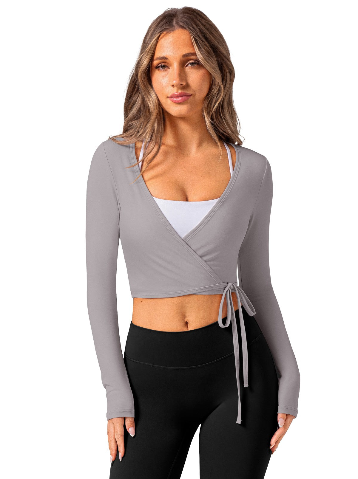 V Neck Long Sleeve Wrap Top with Adjustable Tie