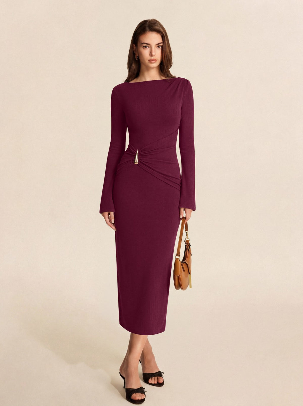 Boat Neck Slim Fit Ruched Bodycon Long Dress