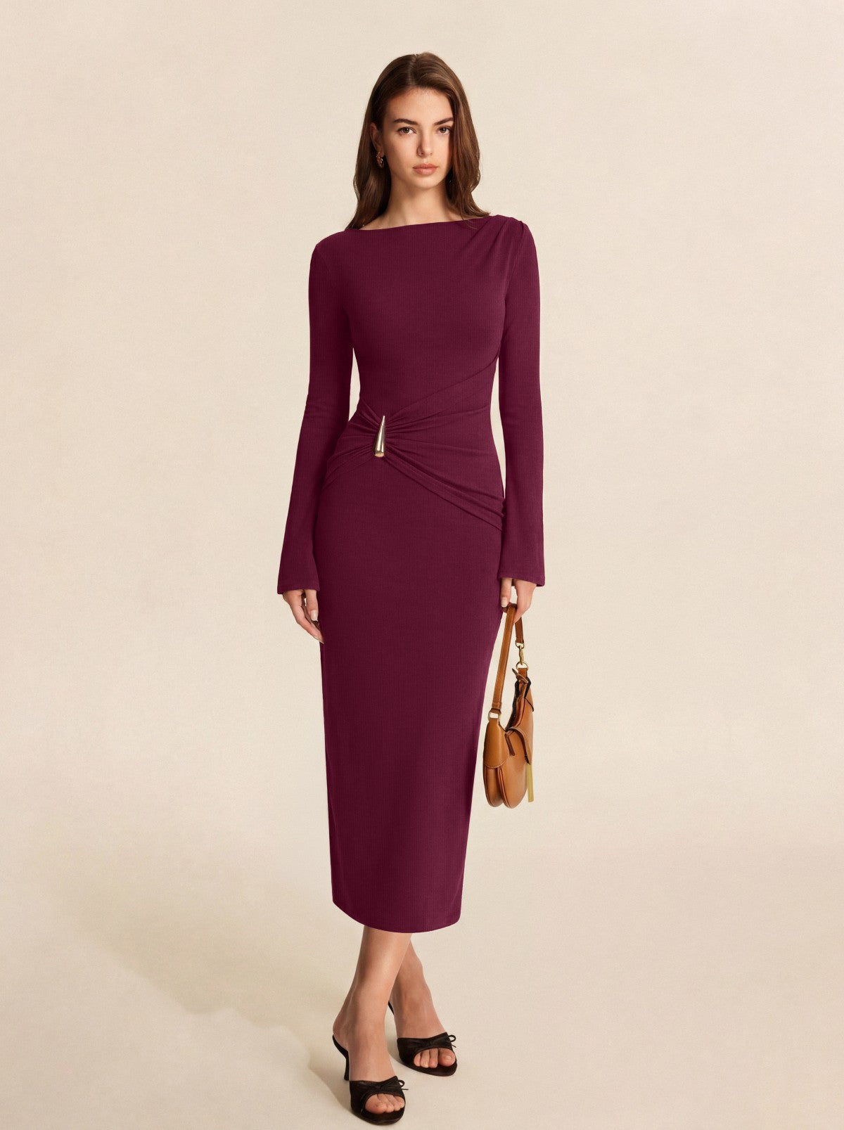 Boat Neck Slim Fit Ruched Bodycon Long Dress