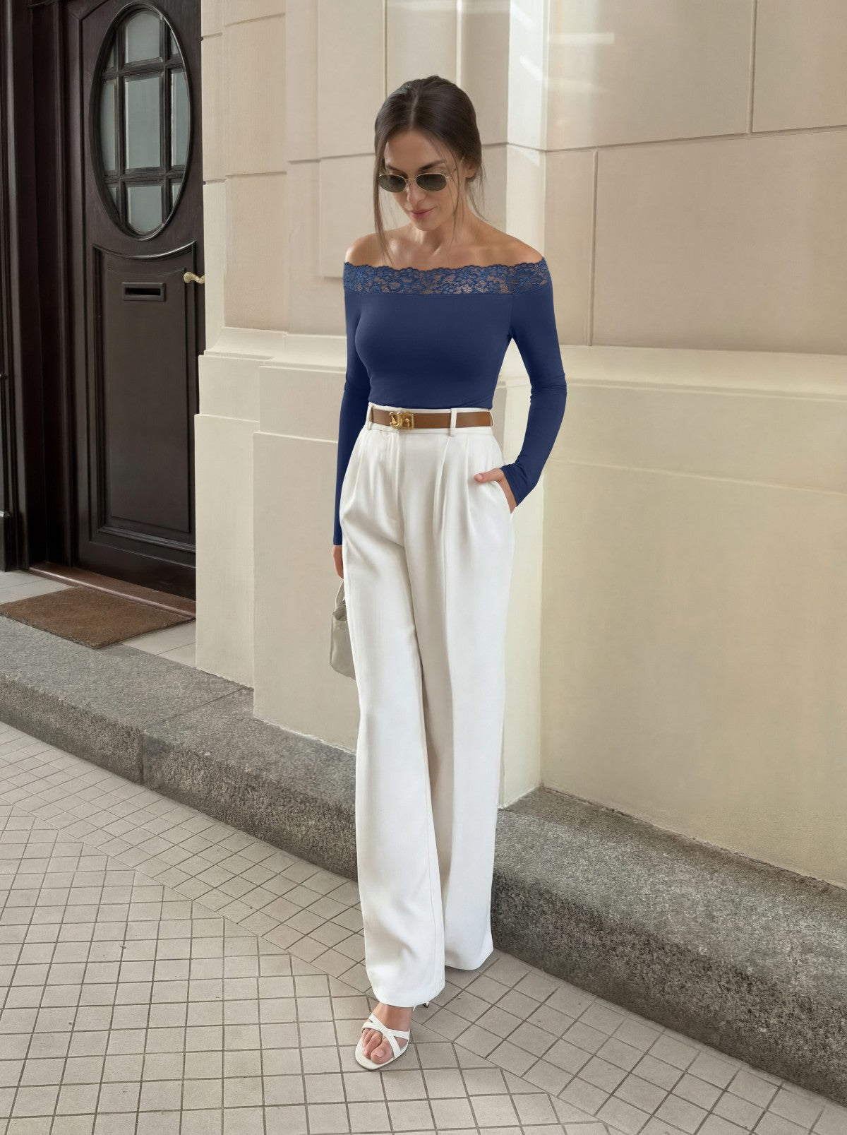 Lace Trim Off Shoulder Long Sleeve Double Lined Slim Fit Top