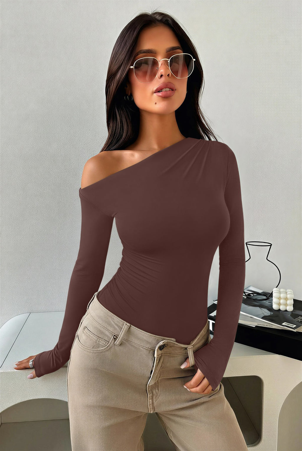 Off the Shoulder Long Sleeve Side Ruched Bodysuit