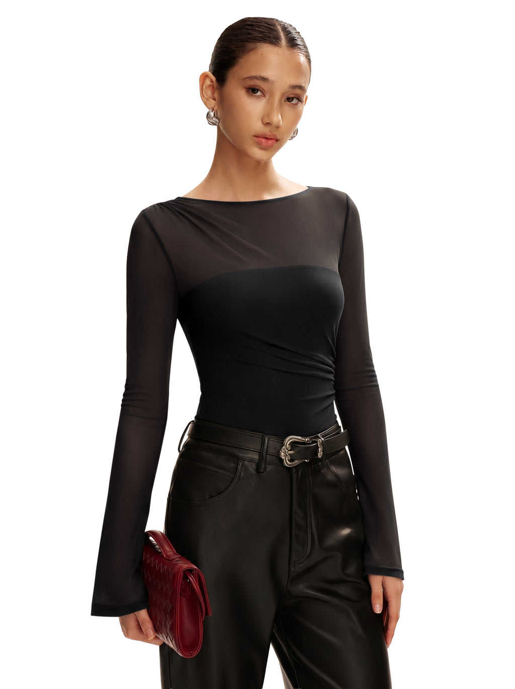 Long Sleeve Boat Neck Sheer Mesh Bodysuit
