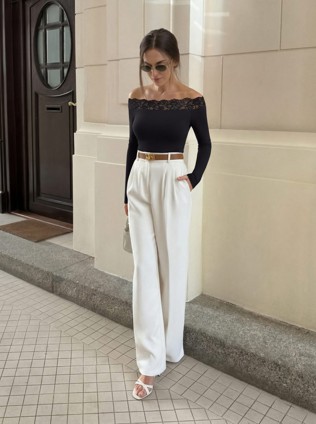 Lace Trim Off Shoulder Long Sleeve Double Lined Slim Fit Top