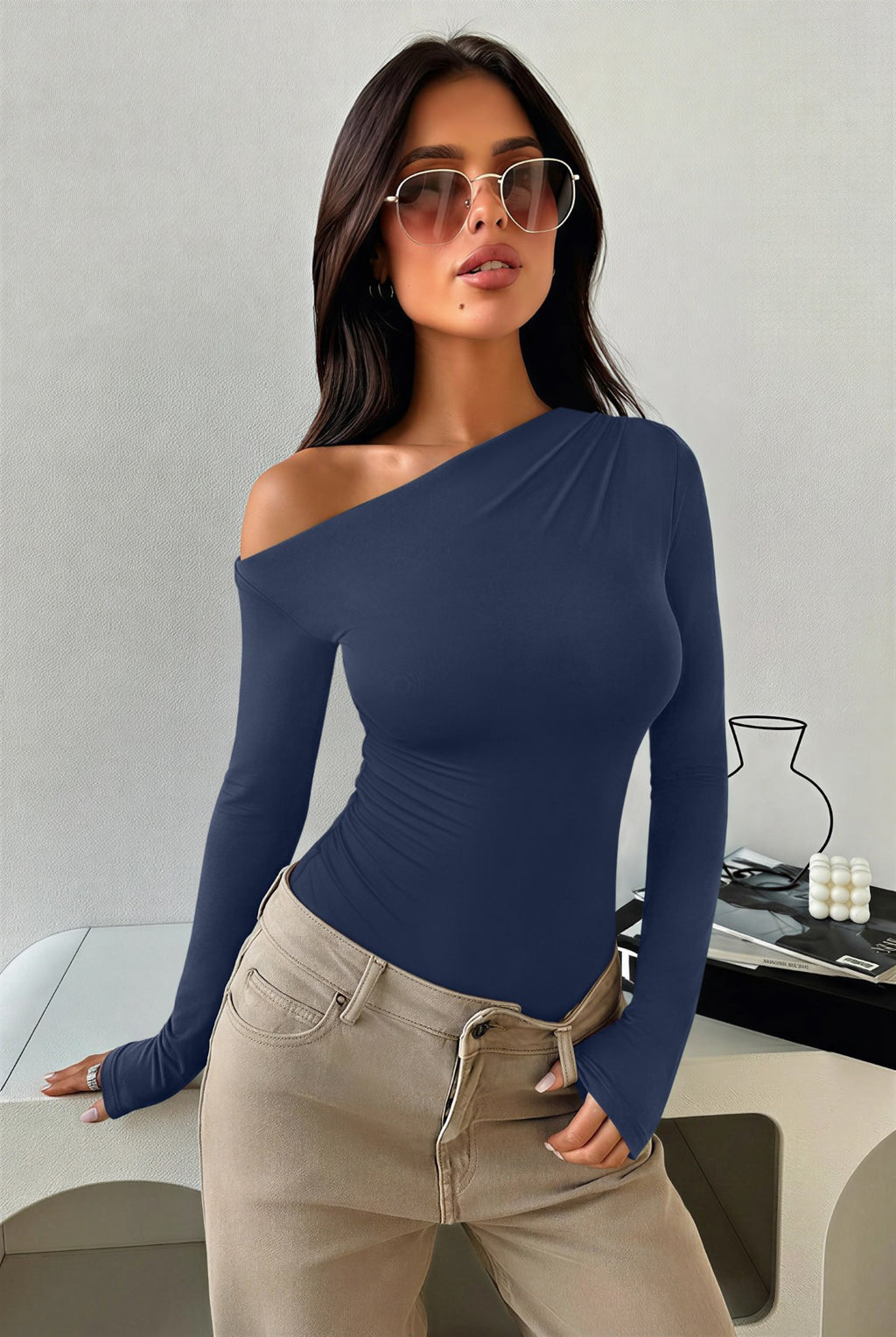 Off the Shoulder Long Sleeve Side Ruched Bodysuit