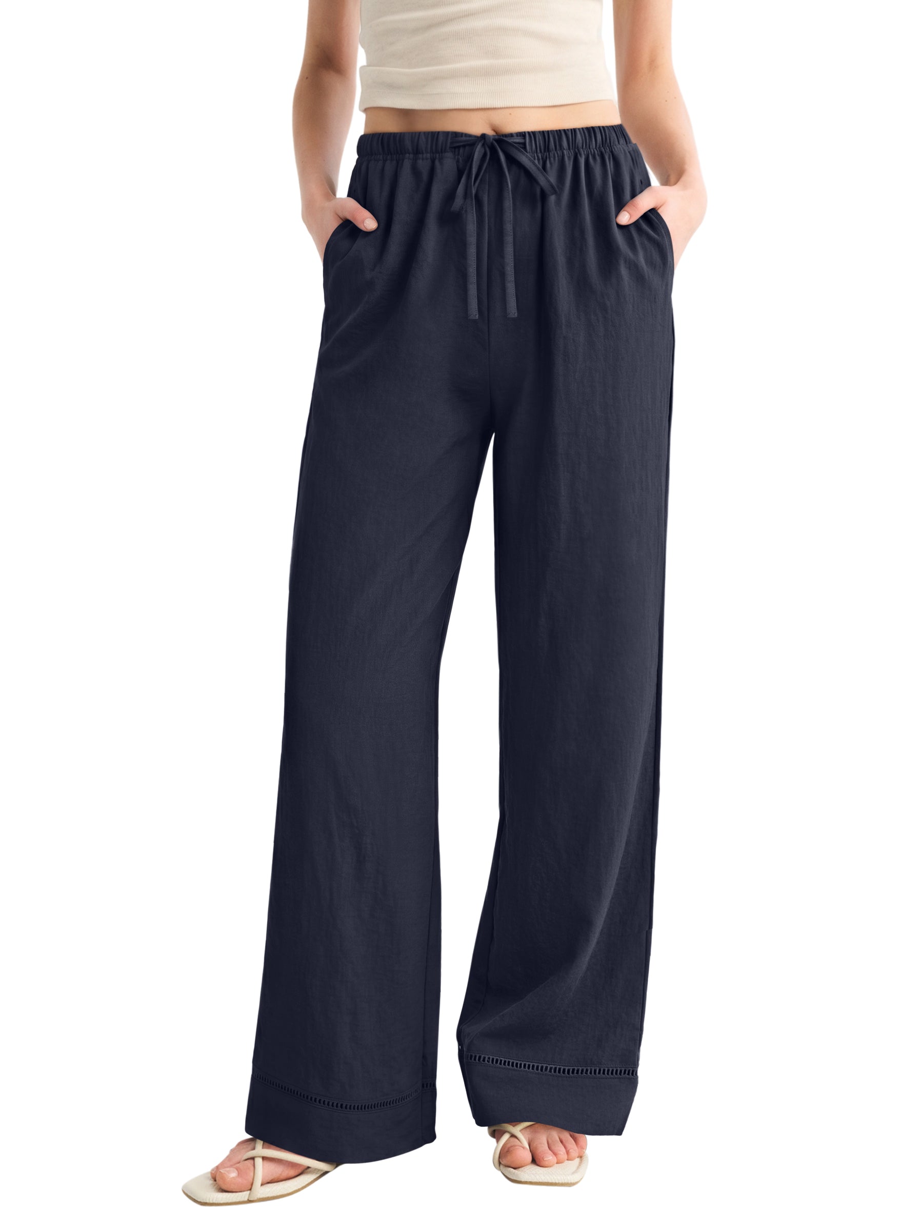 REORIA Women's Wide Leg Palazzo Pants | Drawstring Elastic Waist with Pockets