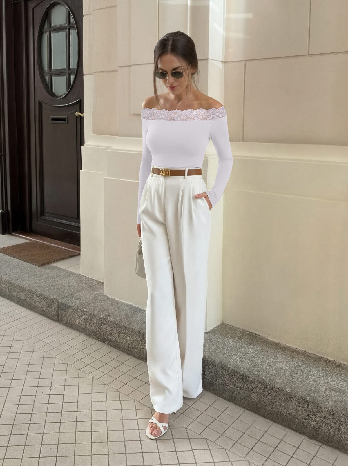 Lace Trim Off Shoulder Long Sleeve Double Lined Slim Fit Top
