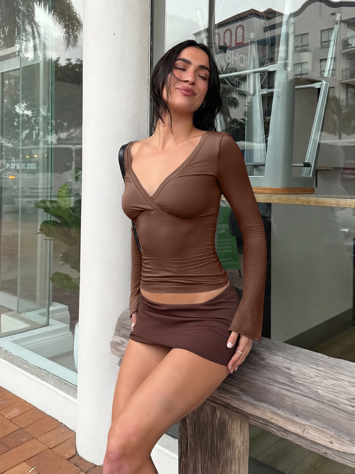 Wrap Deep V Neck Long Bell Sleeve Tops