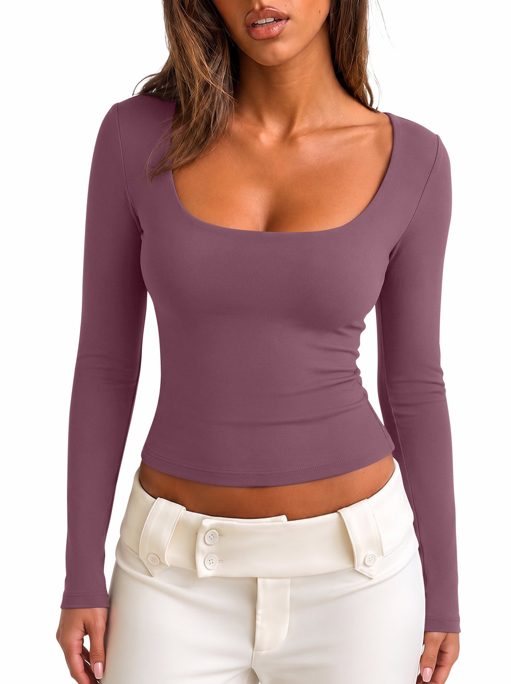 Women's Square Neck Double Lined Long Sleeve Slim Fit Top