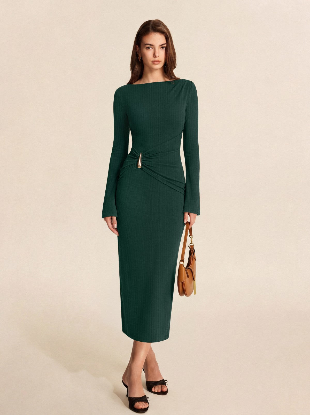Boat Neck Slim Fit Ruched Bodycon Long Dress Burgundy / M