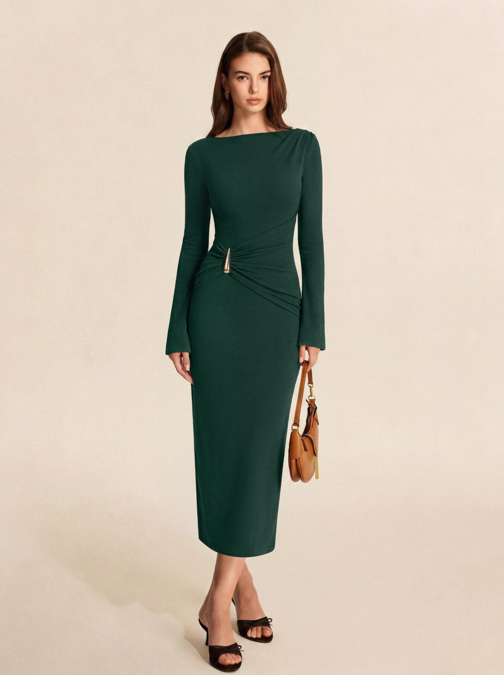 Boat Neck Slim Fit Ruched Bodycon Long Dress