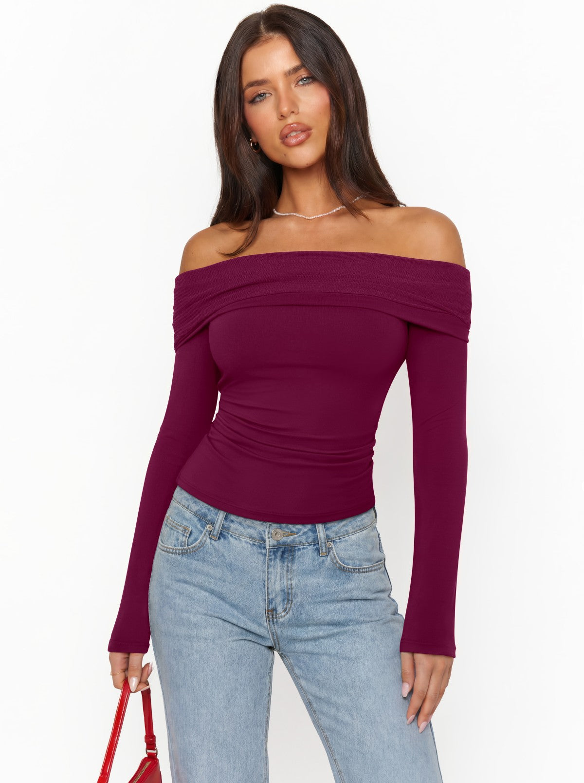 Off Shoulder Long Sleeve Mesh Slim Fit Double Lined Top